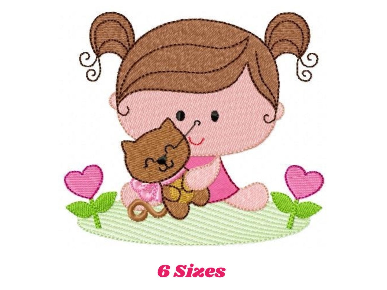 Baby girl embroidery designs - Toddler embroidery design machine embroidery pattern - girl with cat spring garden - instant download