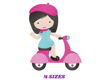 Cargar imagen en el visor de la galería, Baby girl embroidery designs - Girl with bike embroidery design machine embroidery pattern - scooter embroidery file - French girl design
