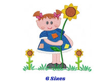 Laden Sie das Bild in den Galerie-Viewer, Girl with sunflowers embroidery designs - Baby Girl embroidery design machine embroidery pattern - Spring Sunflower embroidery file download
