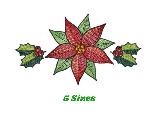 Christmas Poinsettia embroidery designs - Xmas Flower machine embroidery pattern - Mistletoe holly embroidery file - instant download pes