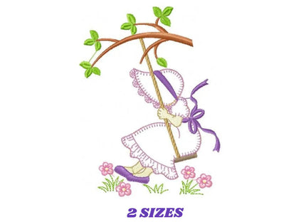 Sunbonnet embroidery designs - Girl on swing embroidery design machine embroidery pattern - Tree and flowers - Instant download pes jef dst Marcia Embroidery