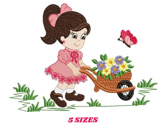 Girl embroidery designs - Flower girl machine embroidery pattern - Baby Girl with flower cart file - Instant digital download pes jef dst