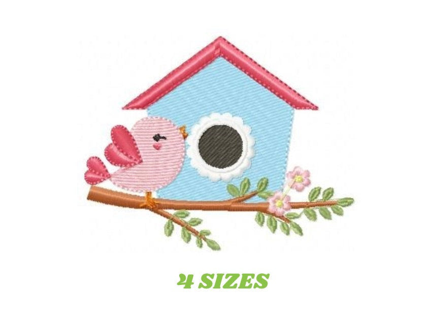 Bird embroidery designs - Birdhouse with flowers machine embroidery pattern - Kitchen Tea Towel file - Instant download pes jef dst vp3 hus