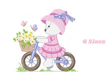 Charger l&#39;image dans la galerie, Bear embroidery designs - Baby girl embroidery design machine embroidery pattern - female bear in a bike embroidery file - full fill stitch
