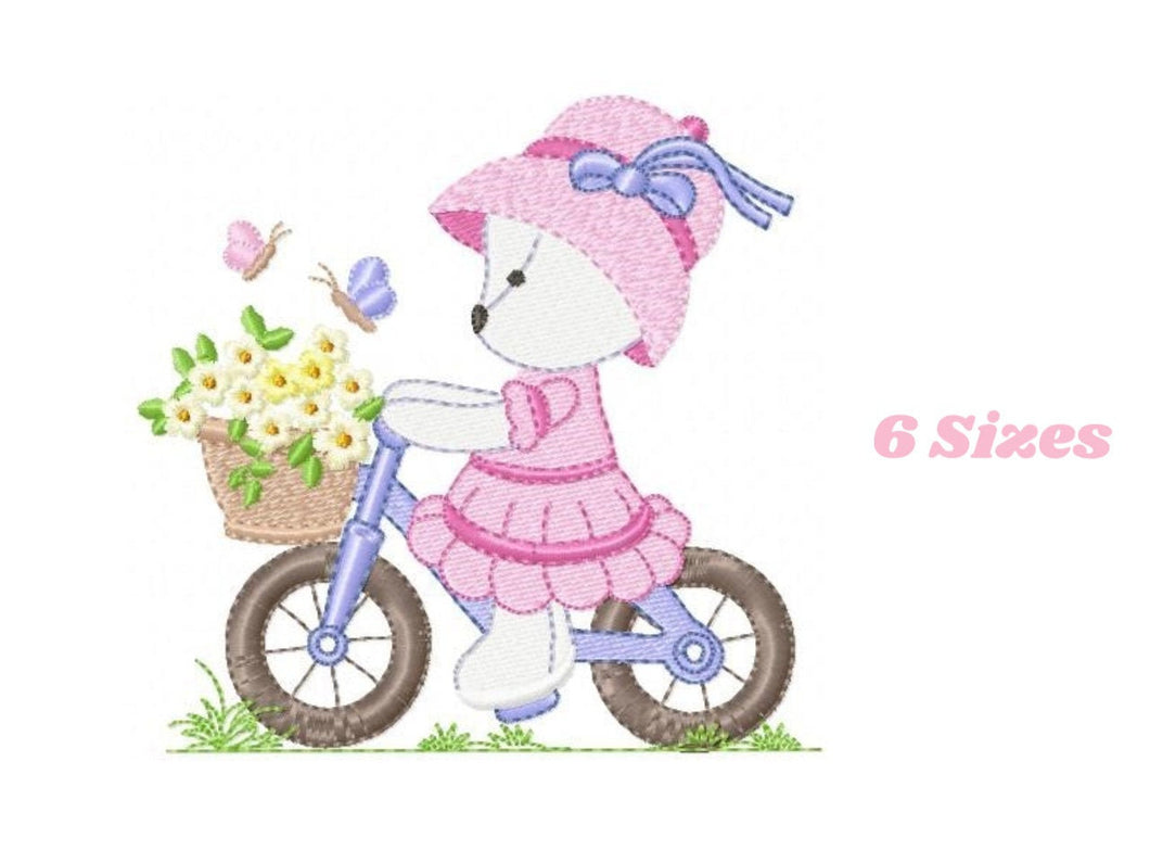 Bear embroidery designs - Baby girl embroidery design machine embroidery pattern - female bear in a bike embroidery file - full fill stitch