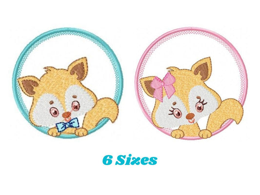 Fox with frame embroidery designs - Boy and Girl Redfox machine embroidery pattern - Woodland animal embroidery - Instant download pes jef