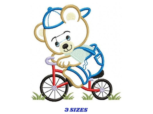 Bear with bike embroidery designs - Baby Boy teddy bear machine embroidery pattern - Bear applique design - Instant digital download pes jef