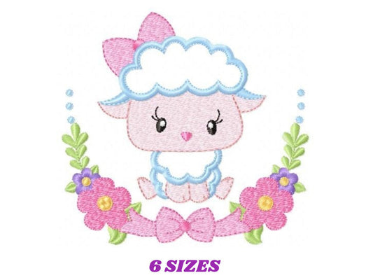 Sheep with flower and bow frame embroidery design - Lamb applique embroidery designs machine embroidery pattern - Instant download pes jef
