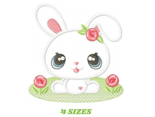 Bunny embroidery design - Rabbit with flowers applique machine embroidery pattern -  Baby girl easter bunny with flowers - Instant download