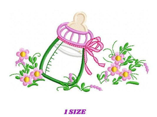 Baby bottle  with flowers embroidery design - Newborn Feeding Bottle machine embroidery pattern - Gender Reveal party - Instant download pes