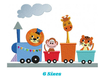 Animals in a train embroidery designs - Lion Monkey Giraffe and Tiger machine embroidery pattern - Train wagon file - Instant download pes