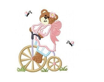 Bear embroidery designs - Teddy embroidery design machine embroidery pattern - Angel bear in a bike embroidery - Bear applique design baby