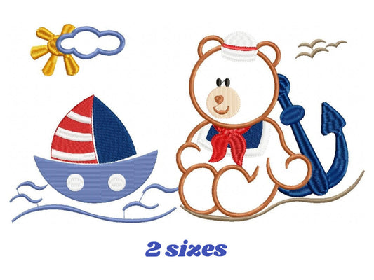 Boat embroidery designs - Sailor Bear with anchor machine embroidery pattern - Sailor bear applique - Teddy Nautical - Instant download pes