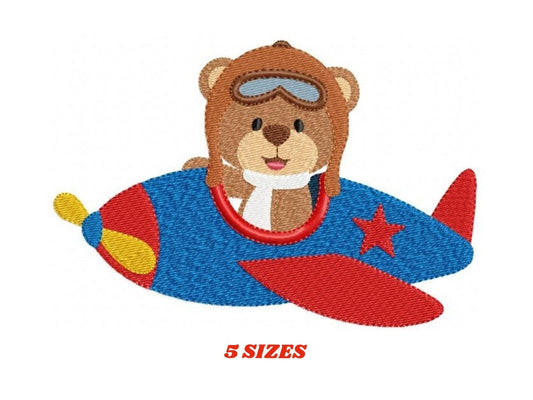 Pilot Bear with goggles embroidery designs - Boy Aviator Bear with plane embroidery design machine embroidery pattern - instant download pes