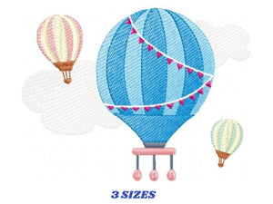 Ballon embroidery designs - Hot air balloon embroidery design machine embroidery pattern - Sky with clouds embroidery - instant download