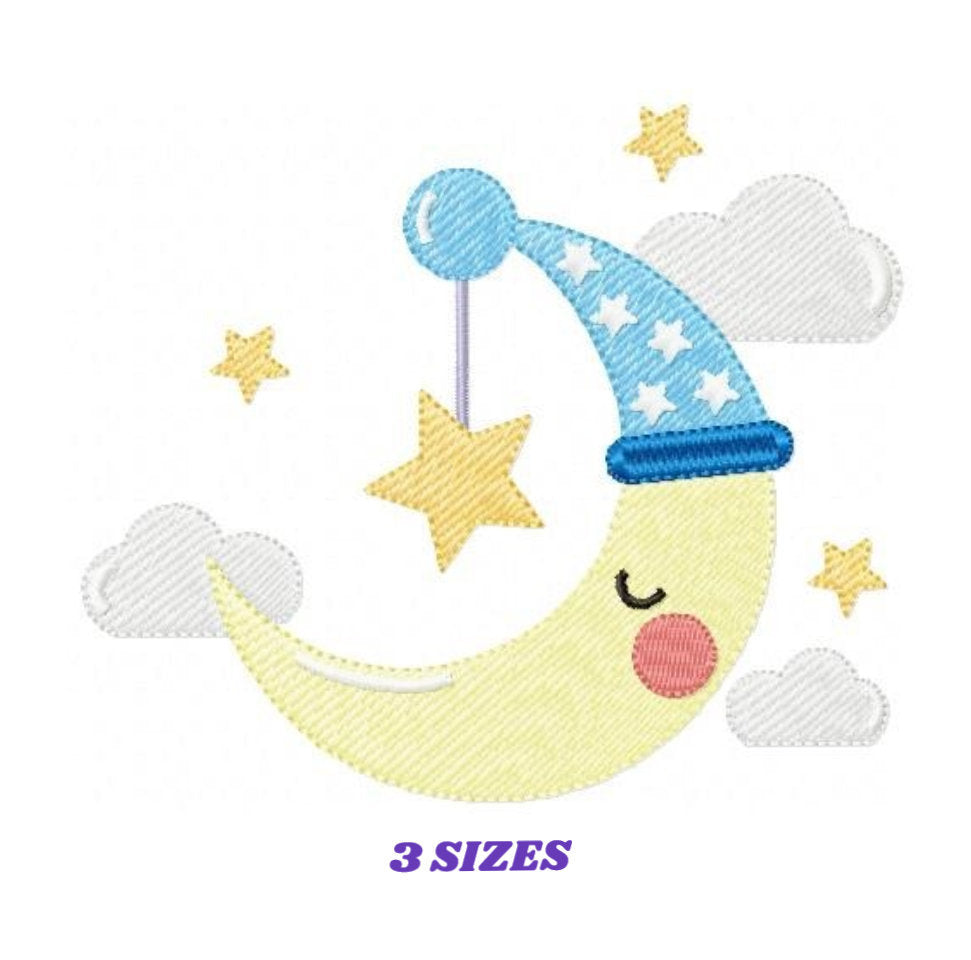 Sleeping moon embroidery design - half moon embroidery design machine embroidery pattern - baby embroidery file - kid embroidery moon sky