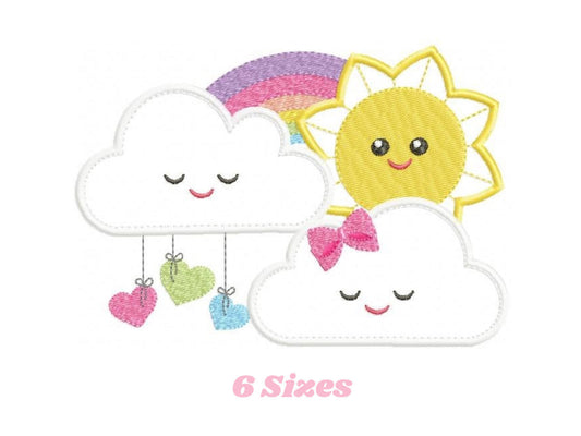 Sun with Clouds embroidery design - Rainbow applique machine embroidery pattern - Baby girl file - Instant digital download pes jef dst hus