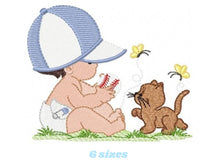 Cargar imagen en el visor de la galería, Boy with cat embroidery design - Baby boy embroidery design machine embroidery pattern - kid embroidery file - instant download digital file
