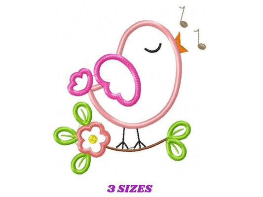 Singing Bird embroidery designs - Sweet Bird with Flower easy applique machine embroidery pattern - Kitchen towel - Instant download pes jef