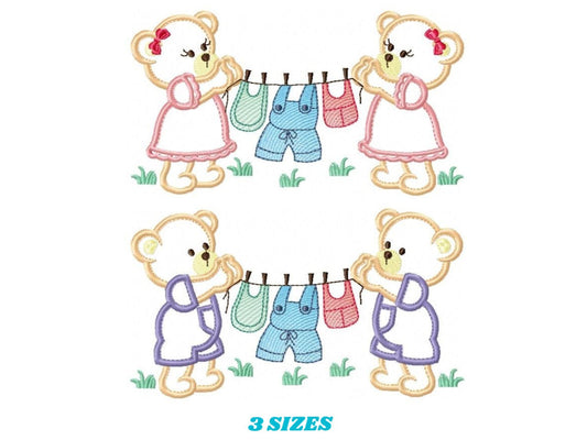 Baby Bear with clothes line embroidery designs - Baby Gender Reveal Party machine embroidery pattern - Nursery Laundry - Instant download