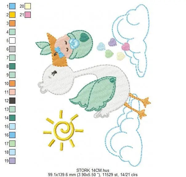 Stork embroidery design - Stork with newborn baby machine embroidery pattern - Baby shower gift gender reveal party - Instant download pes Marcia Embroidery