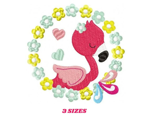 Flamingo embroidery designs - Flower Wreath with hearts machine embroidery pattern - Pink Bird file - Instant digital download pes jef dst Marcia Embroidery
