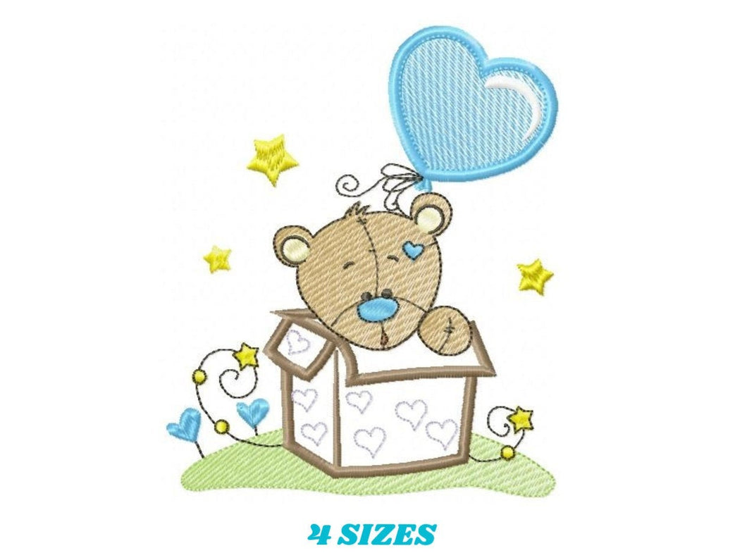 Bear in a box embroidery designs - Teddy with heart balloon embroidery design machine embroidery pattern - Surprise Party - Instant download