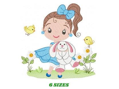 Baby girl embroidery designs - Young girl with rabbit and birds machine embroidery pattern - Girl with bunny file - Instant digital download