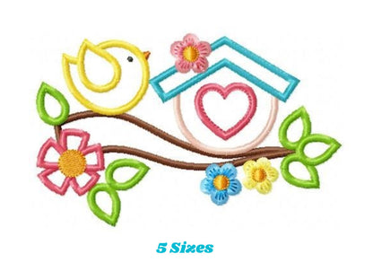 Birdhouse with flowers embroidery designs - Tree Bird applique embroidery machine pattern - Kitchen towel - Instant download pes jef dst vp3