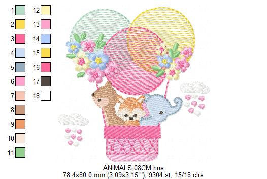 Animals in hot air balloon embroidery designs - Animals with flowers machine embroidery pattern - Elephant Deer Fox - Instant download pes