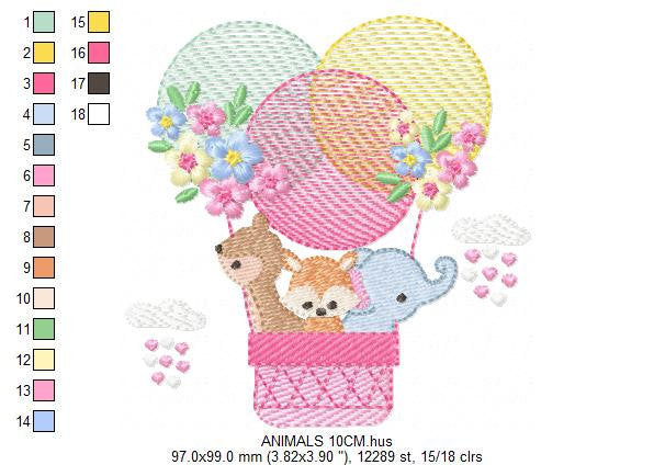 Animals in hot air balloon embroidery designs - Animals with flowers machine embroidery pattern - Elephant Deer Fox - Instant download pes