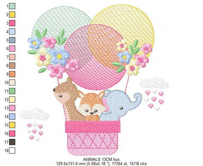 Animals in hot air balloon embroidery designs - Animals with flowers machine embroidery pattern - Elephant Deer Fox - Instant download pes