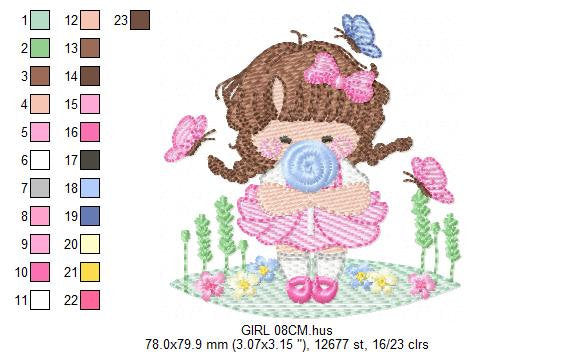 Baby girl with lollipop embroidery designs - Toddler with candy embroidery design machine embroidery - Girl with flowers - instant download
