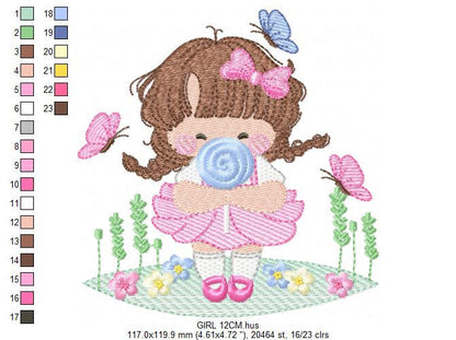 Baby girl with lollipop embroidery designs - Toddler with candy embroidery design machine embroidery - Girl with flowers - instant download