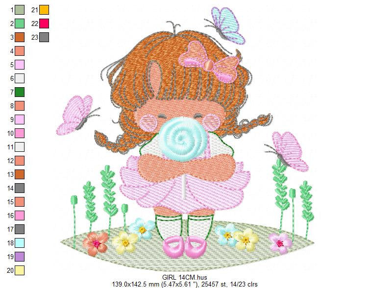 Baby girl with lollipop embroidery designs - Toddler with candy embroidery design machine embroidery - Girl with flowers - instant download