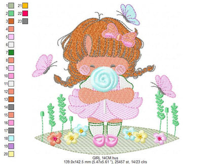 Baby girl with lollipop embroidery designs - Toddler with candy embroidery design machine embroidery - Girl with flowers - instant download