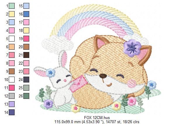 Red Fox embroidery designs - Woodland animals with rainbow machine embroidery pattern - Baby girl file - Instant digital download pes jef