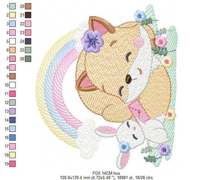 Red Fox embroidery designs - Woodland animals with rainbow machine embroidery pattern - Baby girl file - Instant digital download pes jef