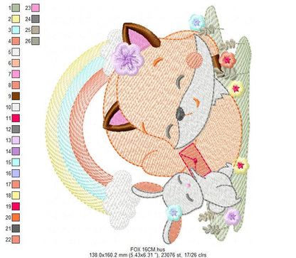 Red Fox embroidery designs - Woodland animals with rainbow machine embroidery pattern - Baby girl file - Instant digital download pes jef