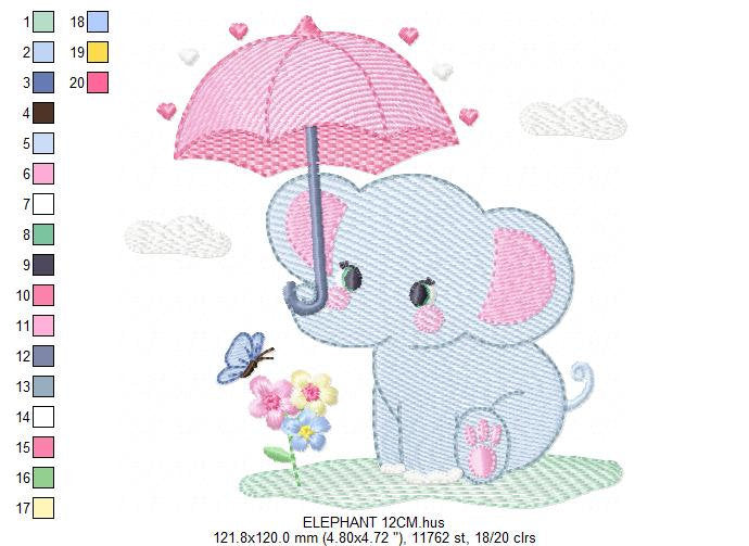 Elephant embroidery designs - Safari wild Animal machine embroidery pattern - Baby girl file - Elephant with umbrella - Instant download pes