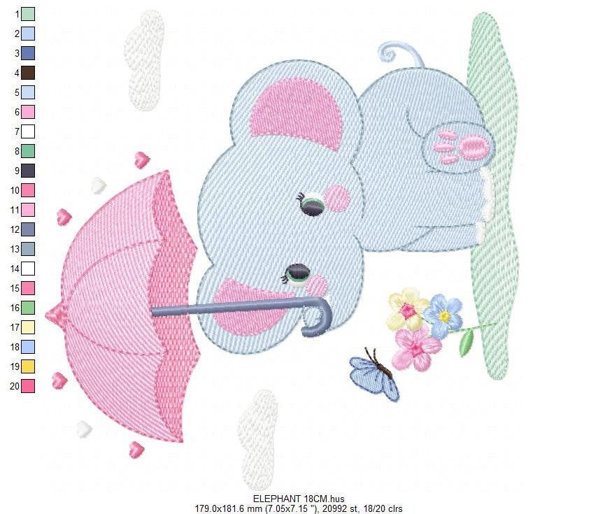 Elephant embroidery designs - Safari wild Animal machine embroidery pattern - Baby girl file - Elephant with umbrella - Instant download pes