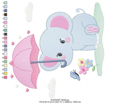 Elephant embroidery designs - Safari wild Animal machine embroidery pattern - Baby girl file - Elephant with umbrella - Instant download pes