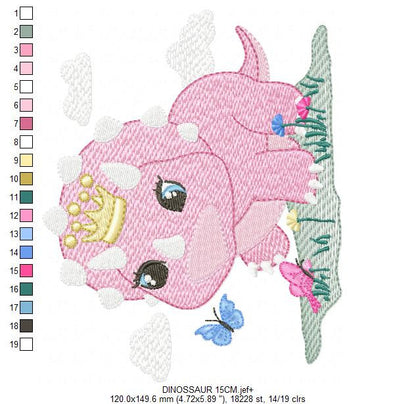 Dinosaur with flowers embroidery designs - Dino with crown machine embroidery pattern - Baby girl file Pink Triceratops - Instant download