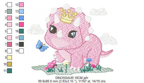 Dinosaur with flowers embroidery designs - Dino with crown machine embroidery pattern - Baby girl file Pink Triceratops - Instant download
