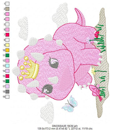 Dinosaur with flowers embroidery designs - Dino with crown machine embroidery pattern - Baby girl file Pink Triceratops - Instant download