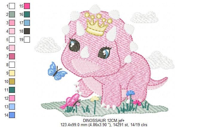 Dinosaur with flowers embroidery designs - Dino with crown machine embroidery pattern - Baby girl file Pink Triceratops - Instant download