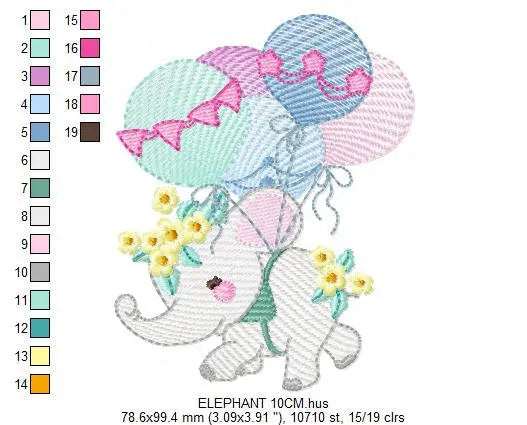 Elephant embroidery designs - Hot air balloon embroidery design machine embroidery pattern - Safari embroidery file - Elephant with balloons Marcia Embroidery
