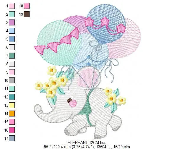 Elephant embroidery designs - Hot air balloon embroidery design machine embroidery pattern - Safari embroidery file - Elephant with balloons Marcia Embroidery