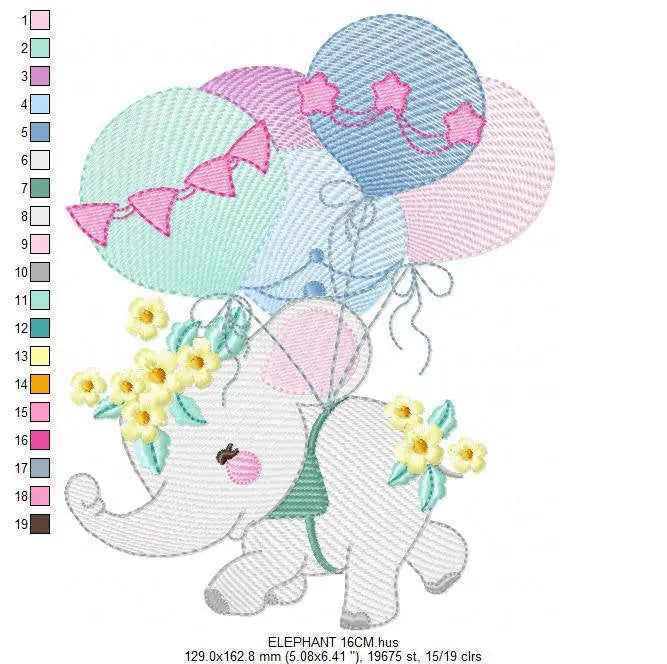 Elephant embroidery designs - Hot air balloon embroidery design machine embroidery pattern - Safari embroidery file - Elephant with balloons Marcia Embroidery