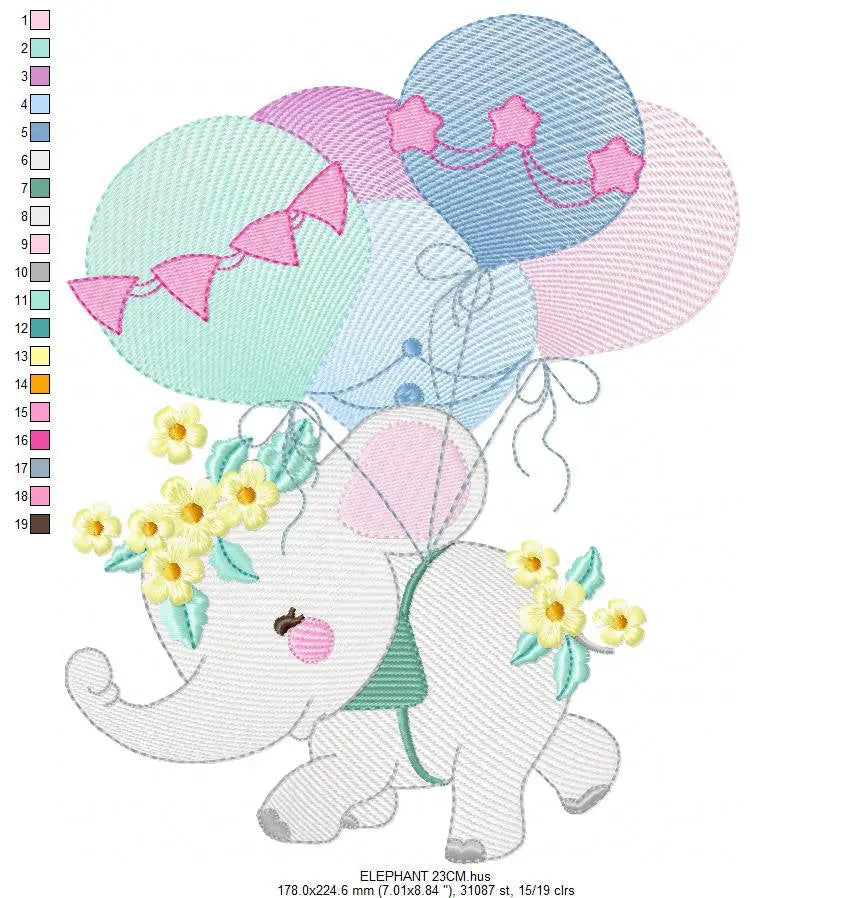Elephant embroidery designs - Hot air balloon embroidery design machine embroidery pattern - Safari embroidery file - Elephant with balloons Marcia Embroidery